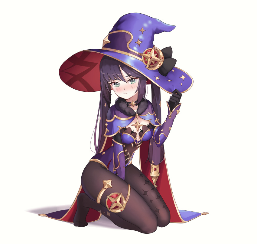 1girl, absurdres, adjusting_clothes, adjusting_headwear, barefoot, between_legs, black_choker, black_thighhighs, blush, bodystocking, breasts, cape, choker, chunduk, commentary, diamond_print, embarrassed, full_body, fur-trimmed_cape, fur_trim, genshin_impact, hand_between_legs, hat, highres, jewelry, kneeling, leotard, long_hair, looking_at_viewer, medium_breasts, mona_(genshin_impact), on_floor, purple_hair, purple_hat, simple_background, sitting, small_breasts, solo, star_(symbol), star_choker, thighhighs, thighlet, twintails, white_background, witch_hat