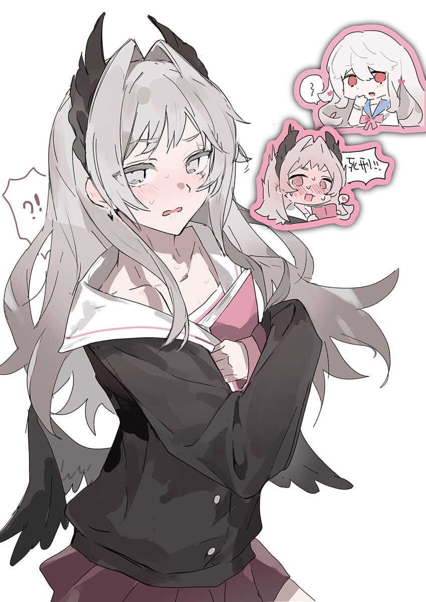 !?, 2girls, @_@, arknights, blue_archive, blush, cosplay, green_eyes, grey_hair, hanako_(blue_archive), hanako_(blue_archive)_(cosplay), heart, highres, irene_(arknights), koharu_(blue_archive), koharu_(blue_archive)_(cosplay), long_hair, manga_(object), multiple_girls, paopp9961, red_eyes, scar, scar_across_eye, scar_on_face, school_uniform, specter_(arknights), white_background, wings