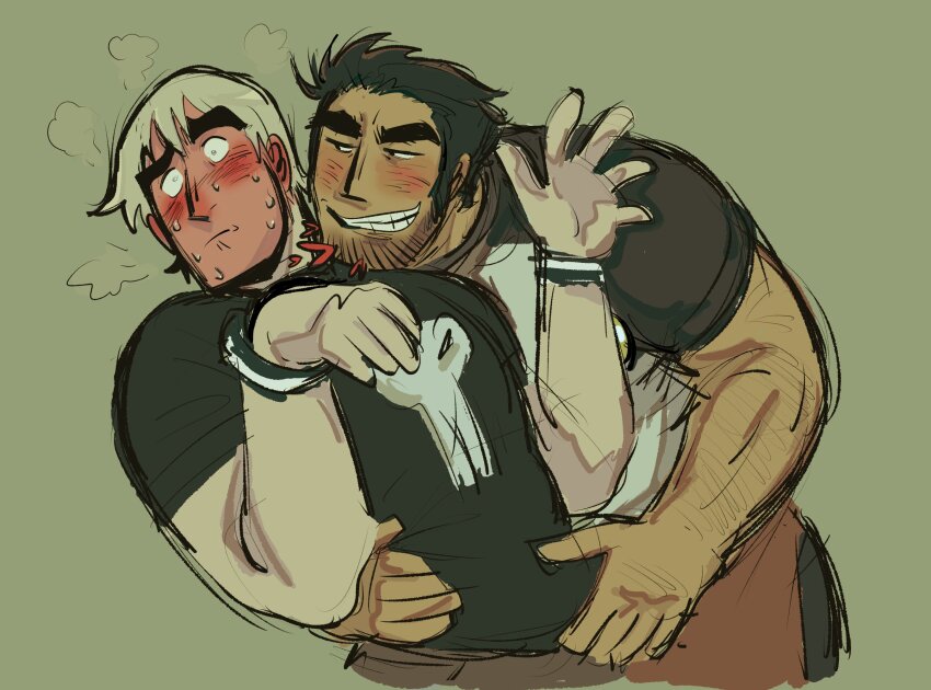 2boys, alternate_body_hair, arm_hair, bara, beard_stubble, black_eyes, black_hair, blush, cropped_torso, facial_hair, hand_on_another's_waist, head_on_another's_shoulder, head_rest, head_steam, highres, huge_eyebrows, jaime_(grizzgotmilk), loving_aura, lucas_lee, male_focus, multiple_boys, muscular, muscular_male, raised_eyebrows, scott_pilgrim_(series), scott_pilgrim_takes_off, seductive_smile, shirt, short_hair, sketch, smile, smirk, stubble, t-shirt, todd_ingram, yaoi