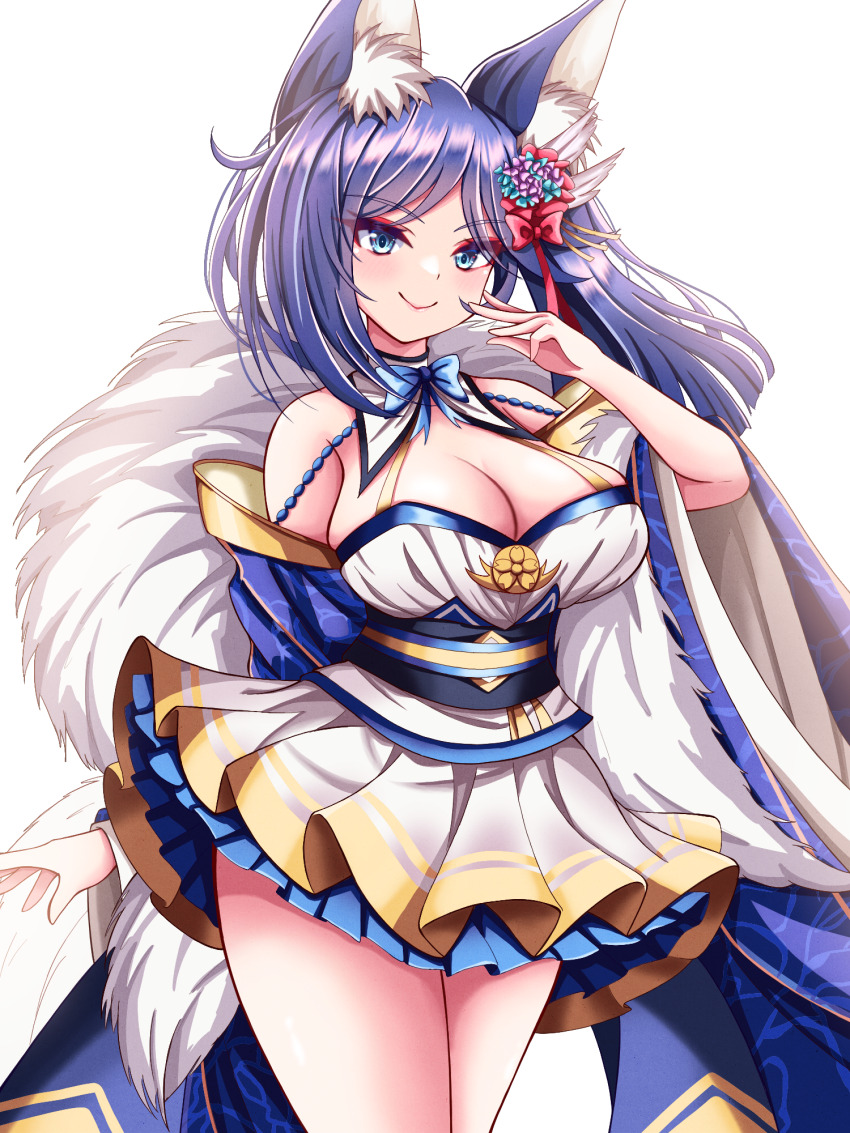 1girl, animal_ear_fluff, animal_ears, azur_lane, bare_shoulders, black_sash, blue_eyes, blue_hair