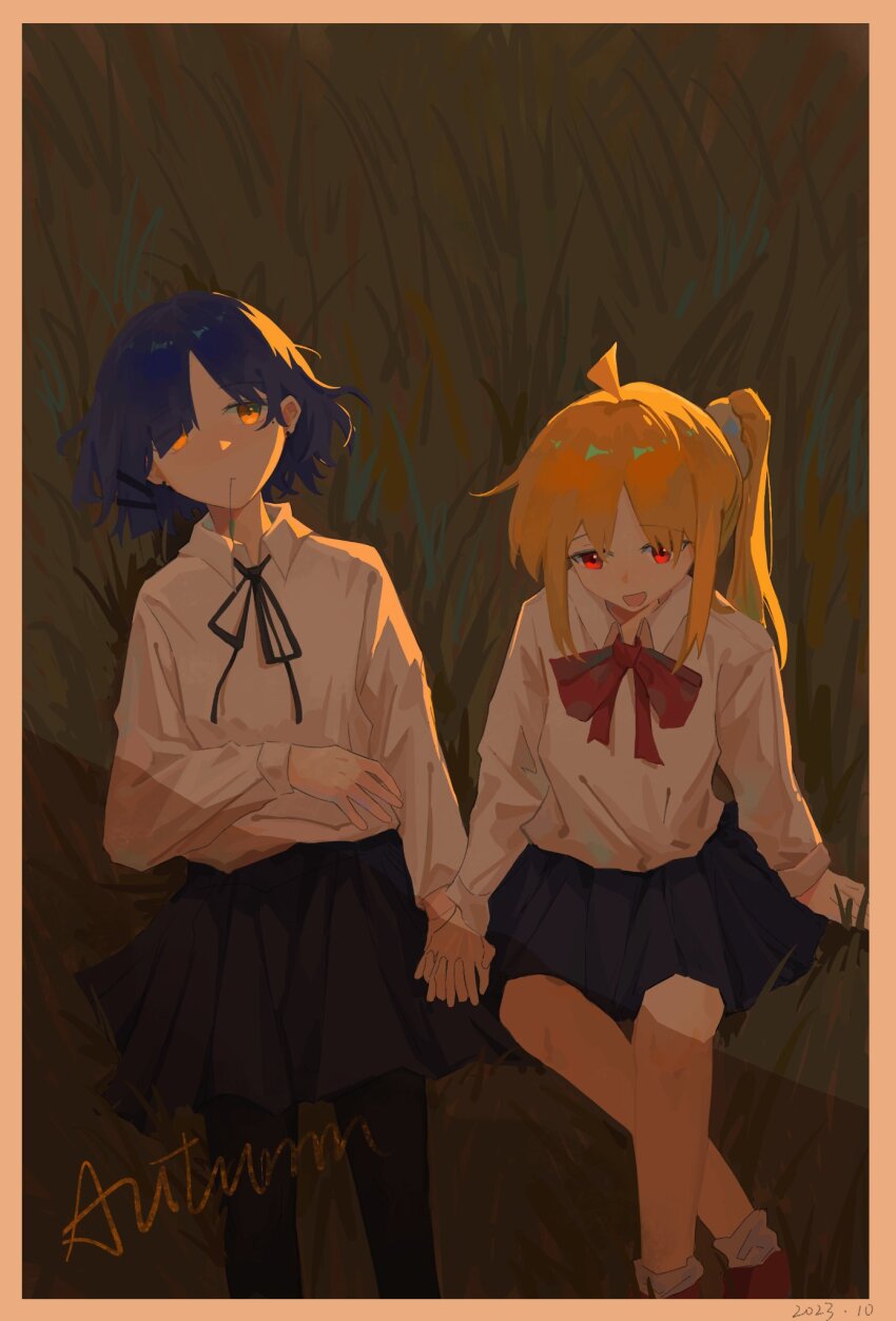 2girls, ahoge, black_pantyhose, blonde_hair, blue_hair, blue_skirt, bocchi_the_rock!, border, bow, bowtie, commentary_request, doggycene, dress_shirt, dusk, grass, hair_ornament, hair_scrunchie, hairclip, highres, holding_hands, ijichi_nijika, long_sleeves, lying, mouth_hold, multiple_girls, neck_ribbon, necktie, on_back, on_ground, orange_border, pantyhose, parted_bangs, red_bow, red_bowtie, red_footwear, ribbon, scrunchie, shirt, short_hair, side_ponytail, sidelocks, sitting, skirt, socks, stalk_in_mouth, string_tie, white_scrunchie, white_shirt, white_socks, yamada_ryo