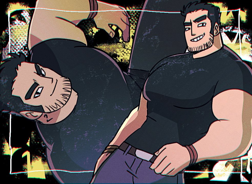 1boy, bara, beard_stubble, belt, black_eyes, black_hair, facial_hair, from_above, grin, large_pectorals, looking_at_viewer, looking_to_the_side, lucas_lee, male_focus, misterpanncake, multiple_views, muscular, muscular_male, official_style, pants, pectorals, scott_pilgrim_(series), scott_pilgrim_takes_off, shirt, short_hair, smile, stubble, t-shirt, thick_eyebrows, tight_clothes, tight_shirt