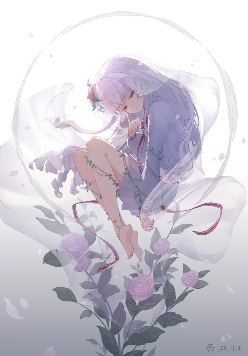 1girl, 34341211, absurdres, arcaea, barefoot, bow, bowtie, drill_hair, floating, flower, highres, hikari_(arcaea), hikari_(zero)_(arcaea), pink_flower, plant, pleated_skirt, purple_hair, red_bow, red_bowtie, rose, school_uniform, serafuku, skirt, solo, vines