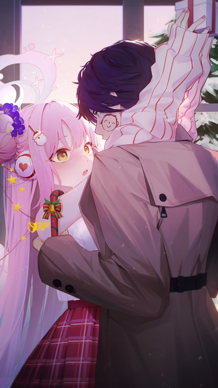 1boy, 1girl, 999kun, bell, black_eyes, black_hair, blue_archive, blush