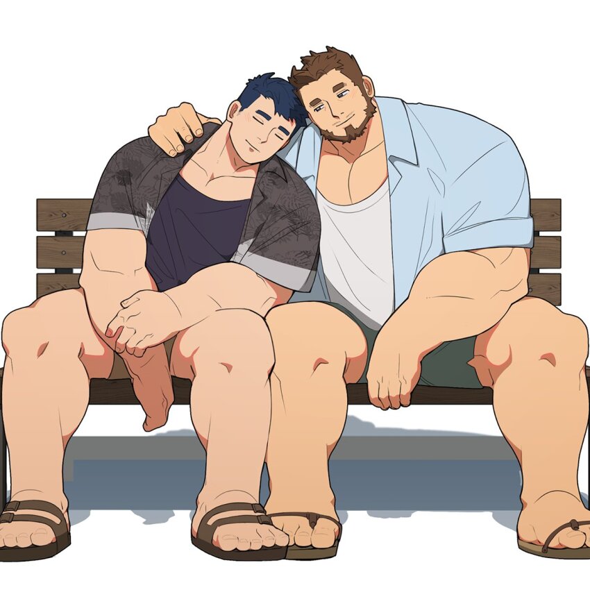 2boys, bara, beard, calves, closed_mouth, couple, deadbeatincubus, facial_hair, full_body, green_shorts, half-closed_eyes, hand_on_another's_shoulder, happy, heads_together, highres, huge_pectorals, incest, large_pectorals, light_blush, looking_at_another, male_focus, mature_male, multiple_boys, muscular, muscular_male, mustache_stubble, oji-mama_(skskdan), on_bench, pectoral_cleavage, pectorals, sandals, second-party_source, short_hair, shorts, sideburns_stubble, sisimaru_hoshiura, sitting, souichi_hoshiura, spread_legs, stubble, thick_beard, thick_eyebrows, yaoi
