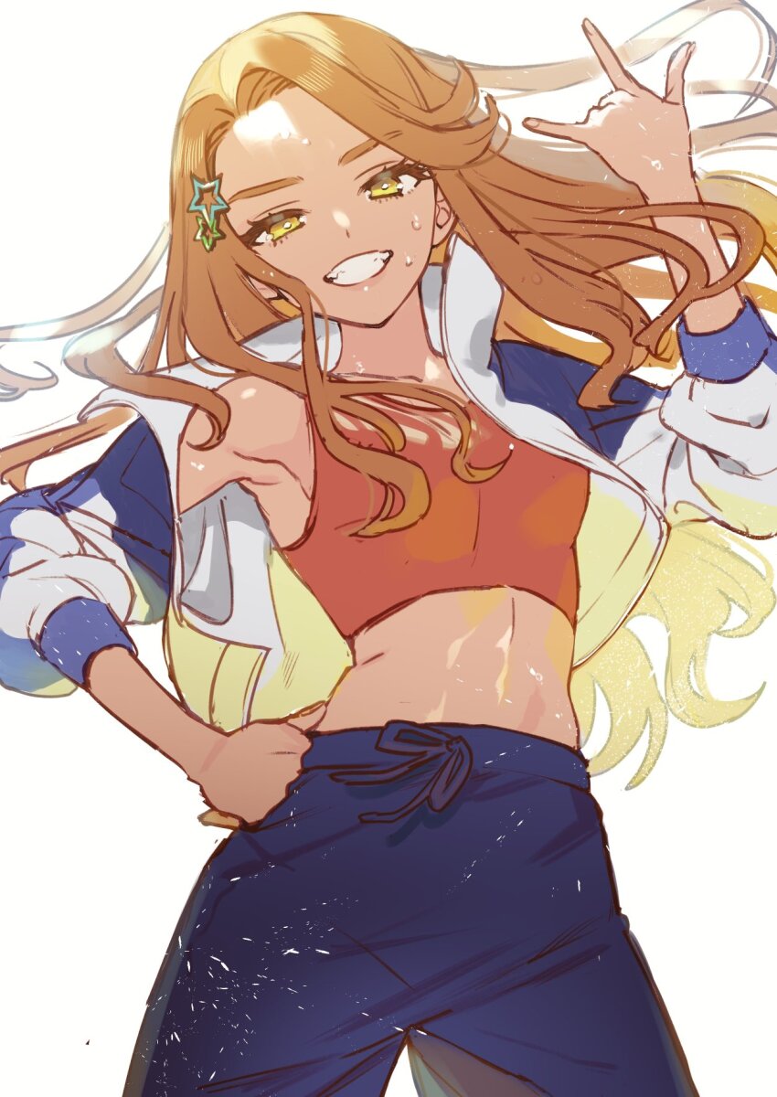 1girl, abs, bare_shoulders, blue_pants, breasts, commentary_request, cowboy_shot, cropped_jacket, floating_hair, grin, hair_ornament, hand_on_own_hip, hand_up, highres, jacket, long_hair, long_sleeves, looking_at_viewer, m/, medium_breasts, muscular, muscular_female, navel, open_clothes, open_jacket, open_mouth, orange_hair, pants, pretty_series, smile, solo, sports_bra, sportswear, standing, star_(symbol), star_hair_ornament, sweatdrop, tan, uruu_akua, waccha_primagi!, white_background, yayoi_hina, yellow_eyes