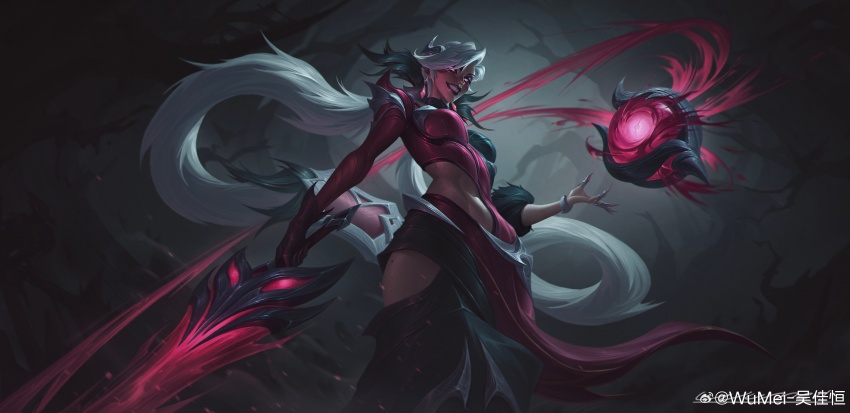 1girl, absurdres, artist_name, branch, breasts, clenched_teeth, coven_nilah, cowboy_shot, fingernails, forest, glowing, glowing_eyes, highres, holding, holding_weapon, large_breasts, league_of_legends, long_hair, looking_at_viewer, nature, night, nilah_(league_of_legends), official_alternate_costume, official_alternate_hairstyle, outdoors, parted_bangs, pink_eyes, smile, solo, standing, teeth, tree, twintails, weapon, white_hair, wumei_(wujiaheng)