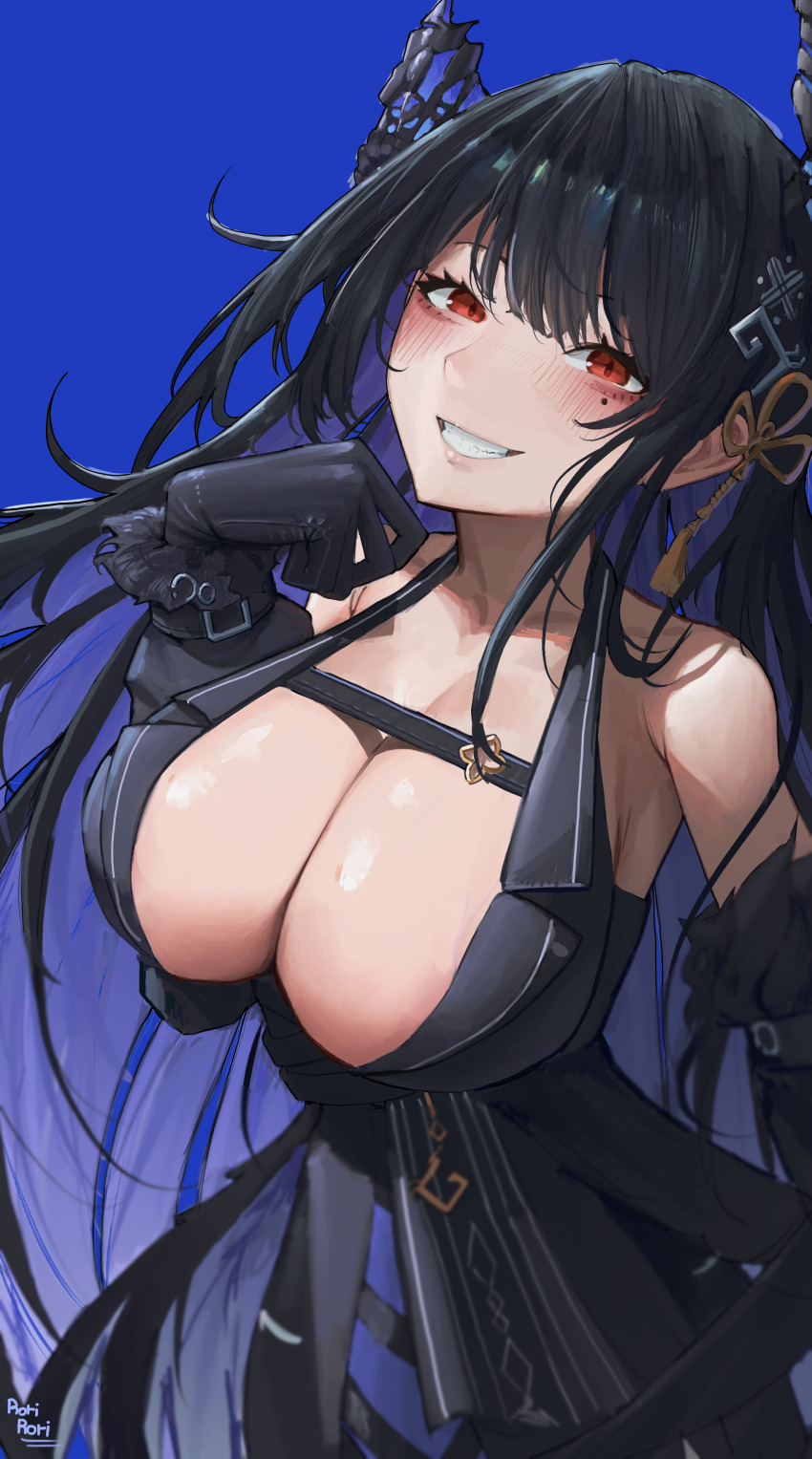 1girl, absurdres, asymmetrical_horns, black_dress, black_gloves, black_hair, black_sleeves, blue_background