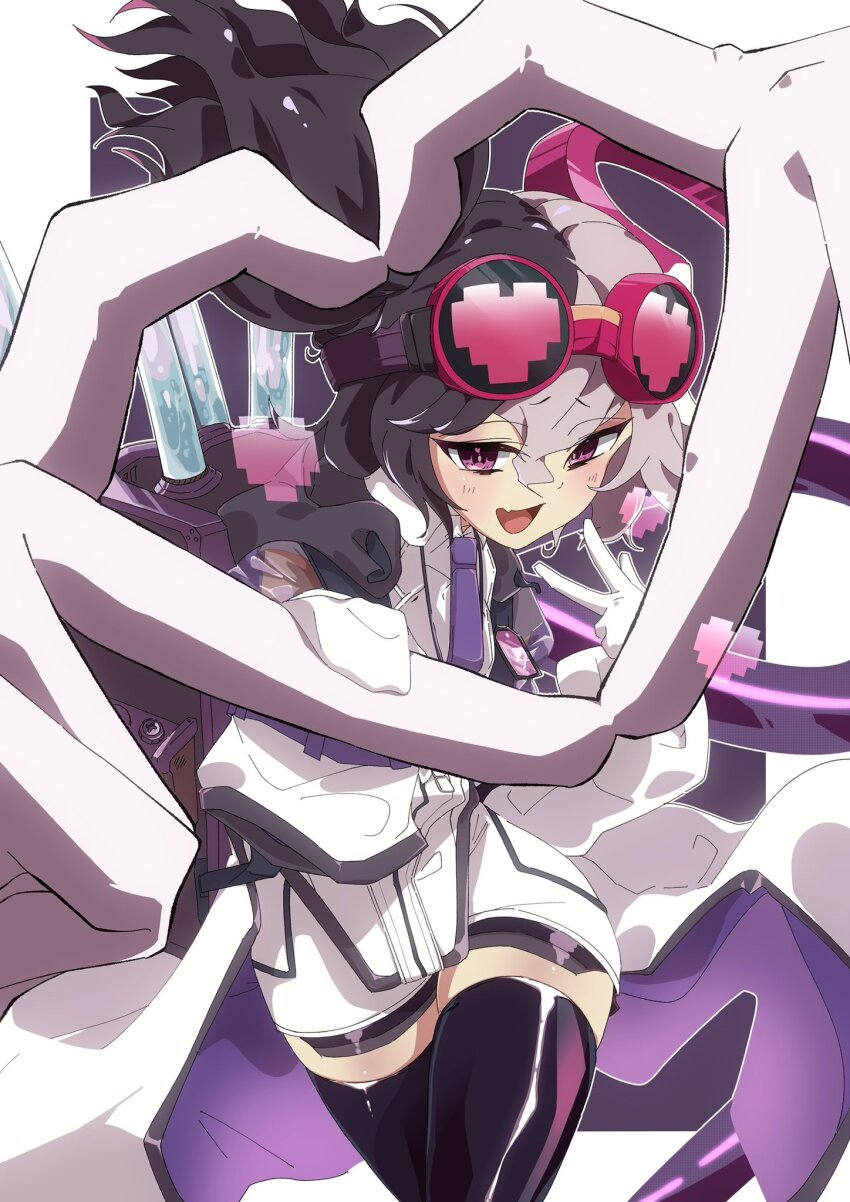 1girl, asymmetrical_hair, black_hair, duel_monster, gloves, goggles, goggles_on_head, heart