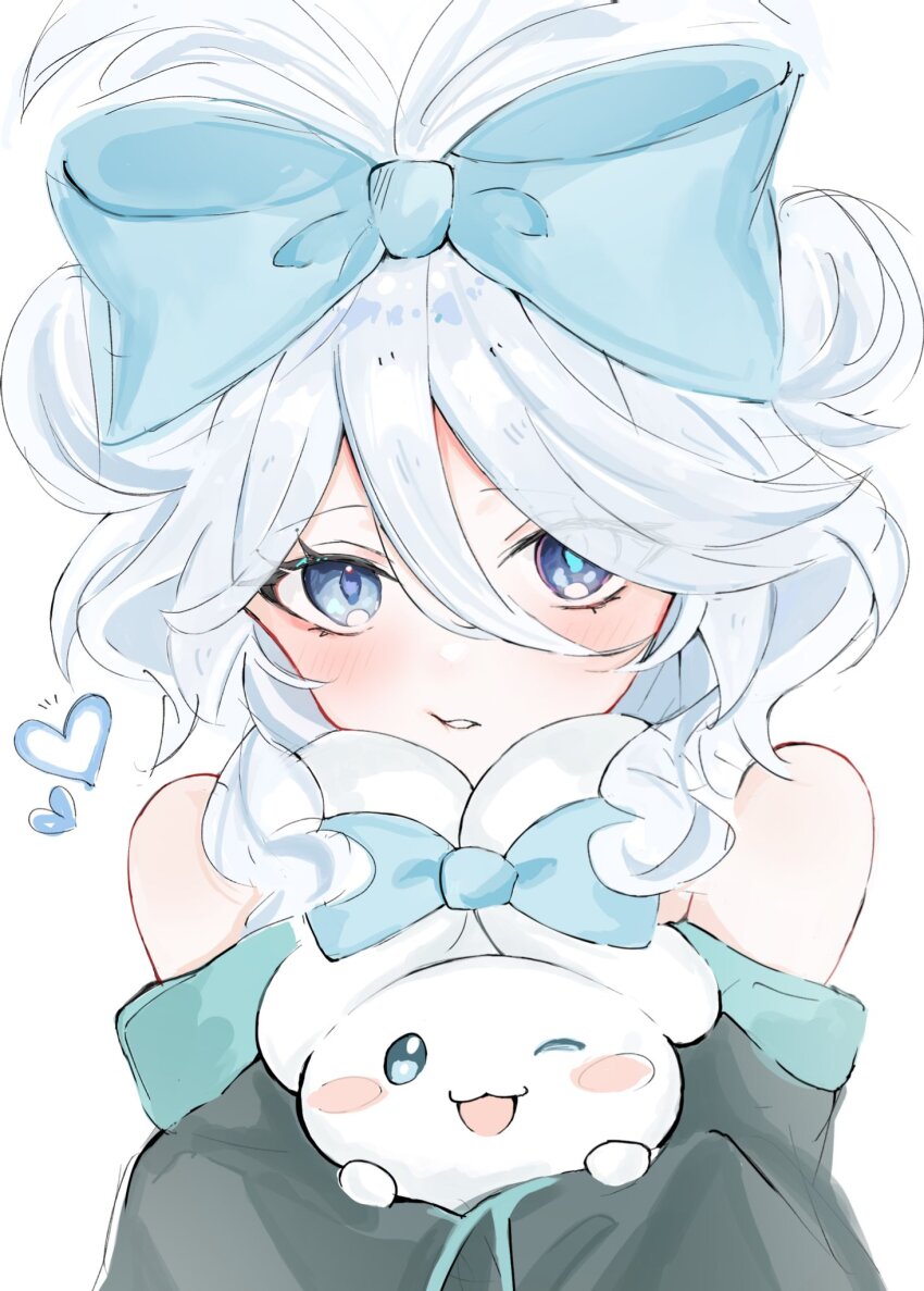 1girl, ;3, ;d, bare_shoulders, black_sleeves, blue_bow, blue_eyes, blush, blush_stickers, bow, cinnamiku, cinnamiku_hairstyle, cinnamoroll, commentary_request, cosplay, detached_sleeves, eyelashes, furina_(genshin_impact), fuwa_fuwa_cinnamoroll, genshin_impact, hair_between_eyes, hatsune_miku, hatsune_miku_(cosplay), heart, heterochromia, highres, hisui_(xztw), long_sleeves, looking_at_viewer, mismatched_pupils, one_eye_closed, open_mouth, parted_lips, sanrio, short_hair, sidelocks, simple_background, smile, swept_bangs, tied_ears, updo, upper_body, vocaloid, white_background, white_hair