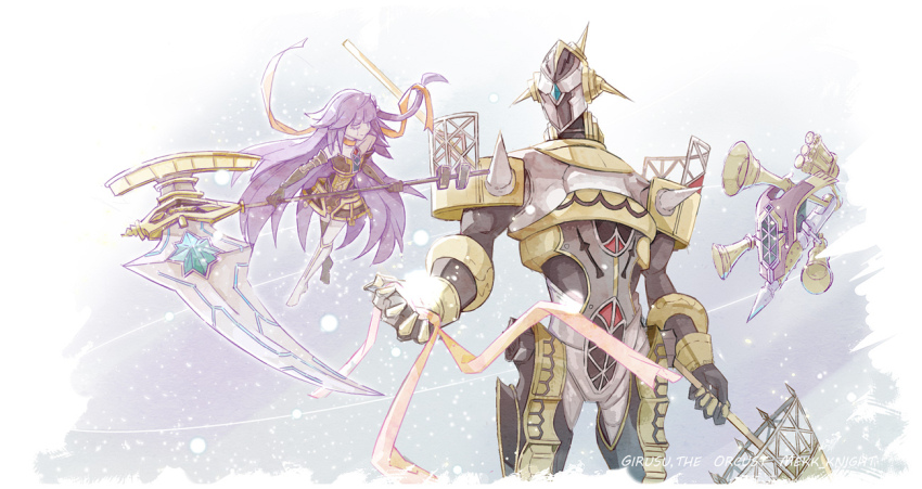 1boy, 1girl, android, armor, bare_shoulders, closed_eyes, dingirsu_the_orcust_of_the_evening_star, duel_monster