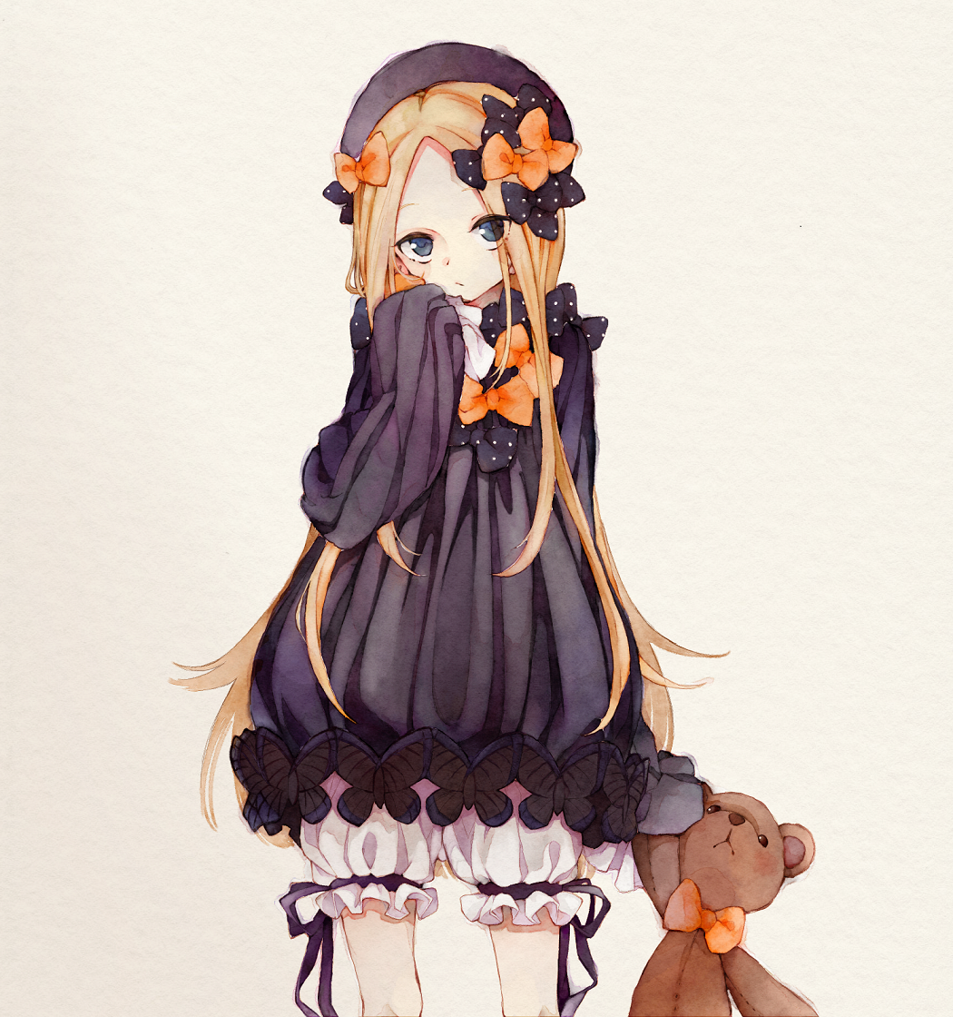 1girl, abigail_williams_(fate), abigail_williams_(first_ascension)_(fate), black_bow, black_dress, black_headwear, blonde_hair, bloomers