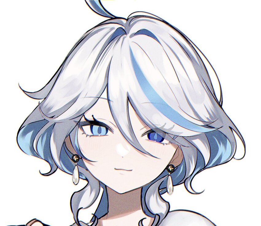 1girl, ahoge, blue_eyes, blue_hair, chromatic_aberration, close-up, closed_mouth, earrings