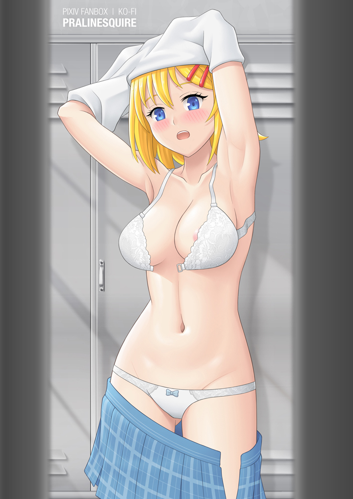areola_slip, armpits, arms_up, blonde_hair, blue_eyes, bra, hair_ornament, hairpin, locker, locker_room, navel, original, panties, pralinesquire, short_hair, skirt, underwear, undressing, voyeur_pov, white_panties