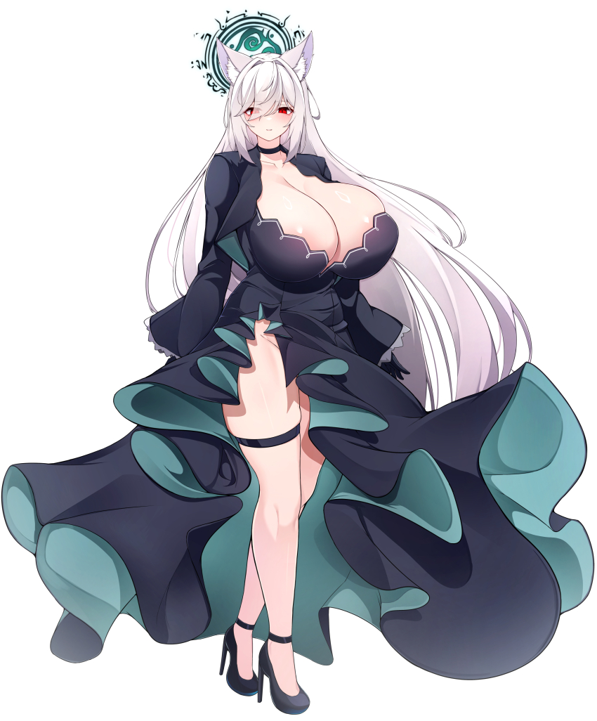 1girl, 5danny1206, absurdres, animal_ears, black_choker, black_dress, black_shoes, blue_archive, breasts, choker, cleavage, collarbone, commentary, commentary_request, commission, cosplay, dress, full_body, green_halo, hair_between_eyes, halo, highres, huge_breasts, long_hair, long_sleeves, looking_at_viewer, red_eyes, shiroko_terror_(blue_archive), shiroko_terror_(blue_archive)_(cosplay), shoes, simple_background, solo, standing, untranslatable_commentary, thigh_strap, very_long_hair, white_background, white_hair