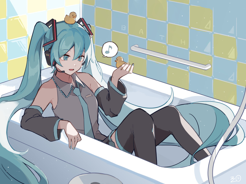 1girl, absurdres, aqua_eyes, aqua_hair, aqua_nails, aqua_necktie, bare_shoulders, bath
