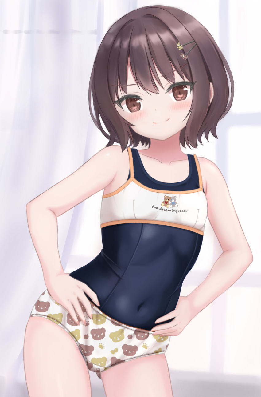 1girl, animal_print, apple_panties, apple_print, bear_bra, bear_hair_ornament, bear_panties, bear_print, blue_one-piece_swimsuit, blue_school_swimsuit, blush, bow_print, bow_print_panties, bra, brown_eyes, brown_hair, clothes_writing, collarbone, curtains, female_focus, flat_chest, food_print, fruit_print, hair_ornament, hairclip, hands_on_own_hips, highres, loli, looking_at_viewer, one-piece_swimsuit, panties, paw_panties, paw_print, print_bra, print_panties, school_swimsuit, shooko, short_hair, smile, solo, standing, stuffed_animal, stuffed_toy, swimsuit, swimsuit_under_clothes, teddy_bear, teddy_bear_hair_ornament, training_bra, underwear, white_bra, white_panties, window