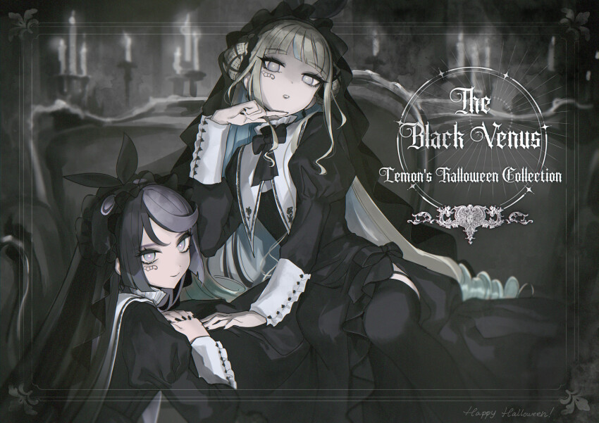 2girls, black_bow, black_dress, black_hair, black_nails, black_thighhighs, blonde_hair, blue_eyes