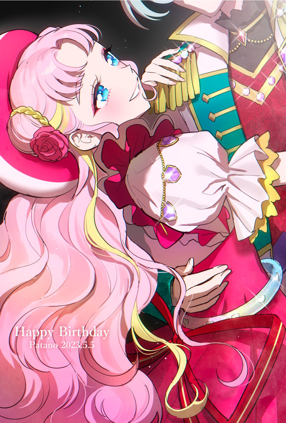 2girls, beret, blonde_hair, blue_eyes, braid, braided_bun, character_name, commentary