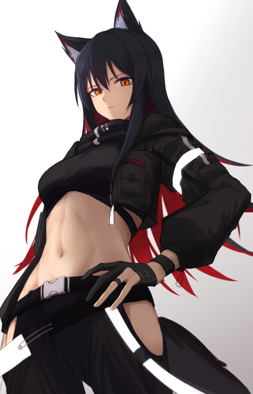 1girl, absurdres, animal_ears, arknights, black_gloves, black_hair, black_jacket, black_pants, black_shirt, clothing_cutout, commentary_request, cowboy_shot, crop_top, gloves, gradient_background, grey_background, highres, hip_vent, jacket, long_hair, looking_at_viewer, midriff, navel, open_clothes, open_jacket, orange_eyes, pants, shirt, solo, standing, stomach, suzutaro, texas_(ambience_synesthesia)_(arknights), texas_(arknights), very_long_hair, white_background, wolf_ears