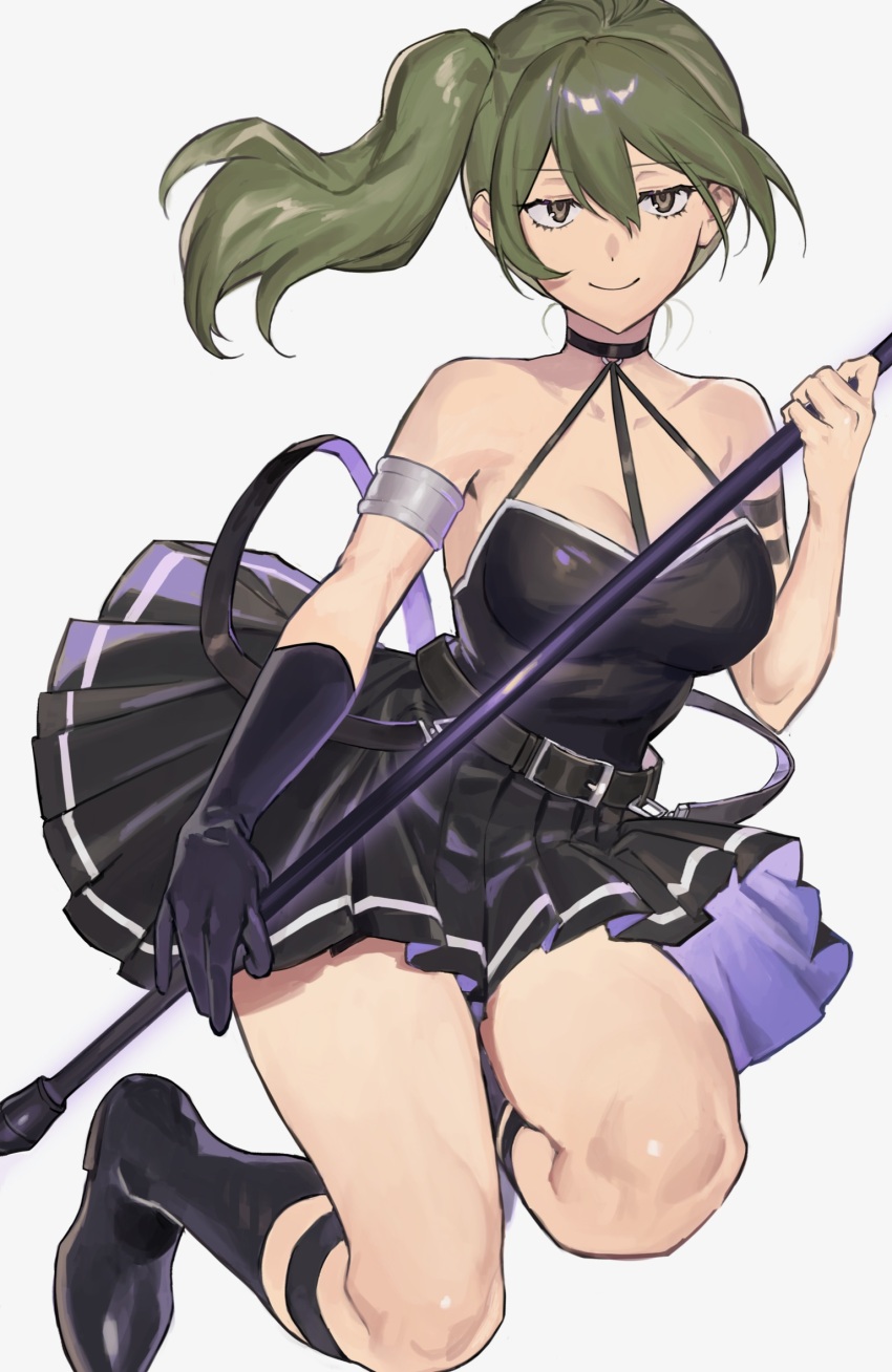 1girl, armlet, bare_shoulders, belt, black_footwear, black_gloves, black_skirt, breasts