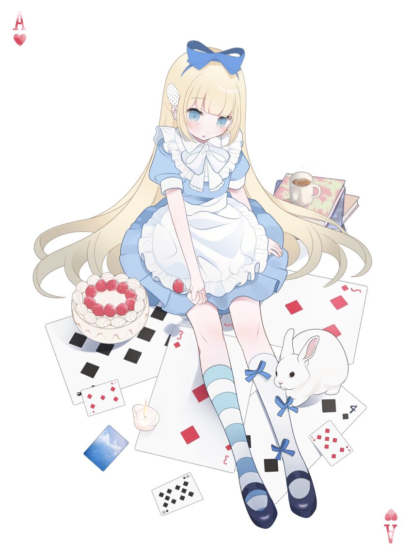 1girl, ace_(playing_card), ace_of_hearts, alice_(alice_in_wonderland), alice's_adventures_in_wonderland, animal, apron, asymmetrical_legwear