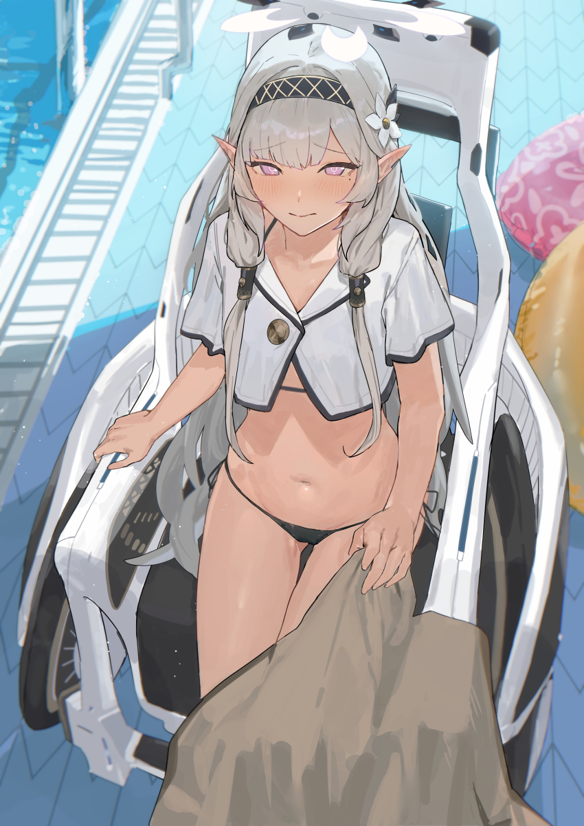 1girl, absurdres, bikini, black_bikini, black_hairband, blue_archive, blush, closed_mouth