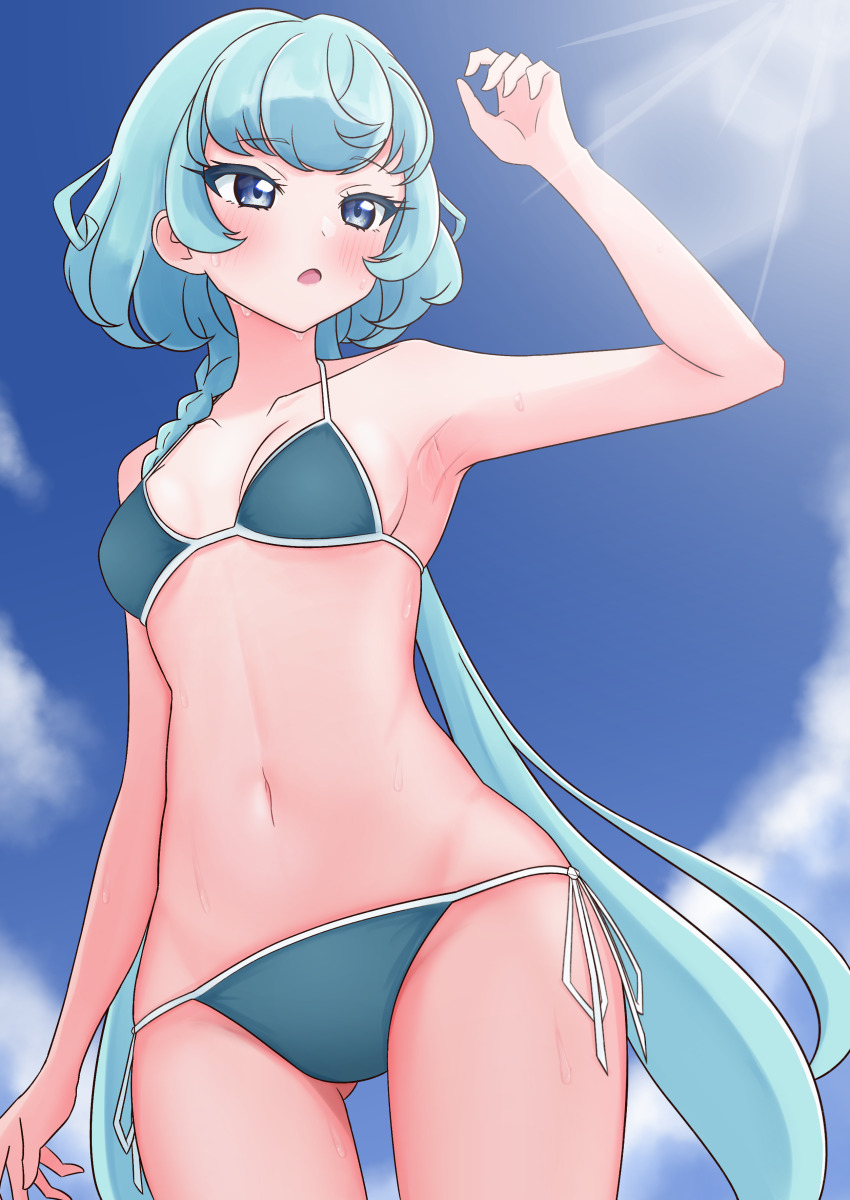 1girl, :o, absurdres, aikatsu!_(series), aikatsu_friends!, alicia_charlotte, aqua_bikini, aqua_hair, arm_at_side, arm_up, bare_arms, bikini, blue_eyes, blue_sky, blush, braid, breasts, cloud, collarbone, cowboy_shot, curly_hair, day, eyelashes, from_below, gluteal_fold, highres, koedo_chang, lens_flare, light_rays, long_hair, looking_afar, low_twintails, medium_breasts, navel, open_mouth, outdoors, side-tie_bikini_bottom, sky, solo, standing, string_bikini, sunlight, sweat, swimsuit, turning_head, twintails, very_long_hair