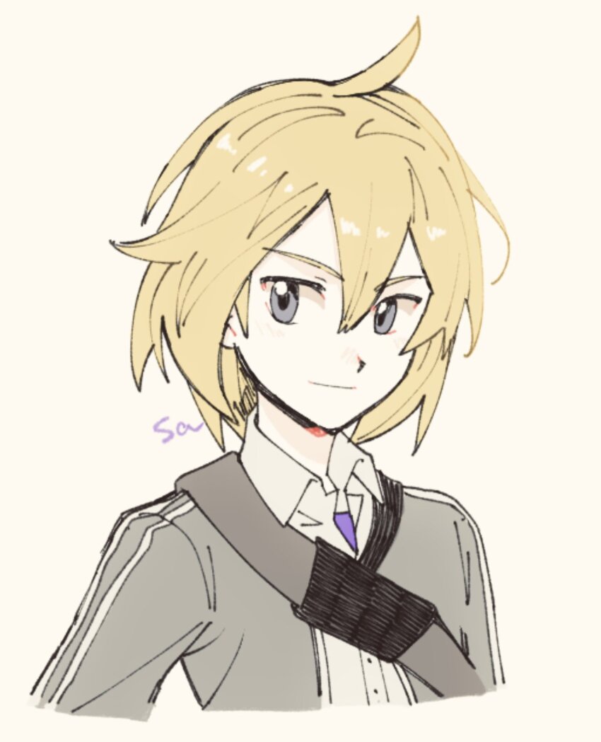 1boy, ahoge, blonde_hair, collared_shirt, hair_between_eyes, highres, male_focus, nintendo