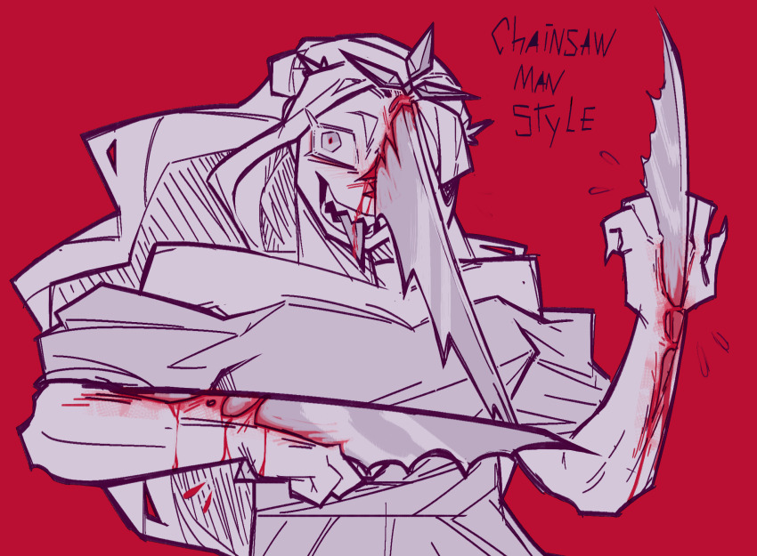 0xeyedaisy, 1girl, arm_blade, bare_shoulders, blood, blood_on_face, bloody_weapon, chainsaw_man