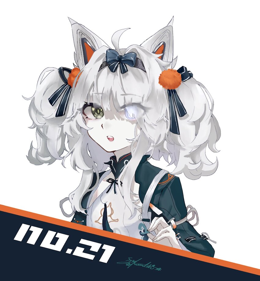 1girl, ahoge, animal_ears, black_hairband, blue_eyes, character_name, chinese_clothes, grey_eyes, grey_hair, hair_ornament, hair_over_eyes, hairband, heterochromia, highres, long_hair, long_sleeves, looking_at_viewer, mechanical_ears, no._21:_feral_(pgr), no._21_(pgr), official_alternate_costume, official_alternate_hairstyle, open_mouth, punishing:_gray_raven, sidelocks, signature, solo, syukannaduki, teeth, two_side_up, upper_teeth_only, white_background, wolf_ears