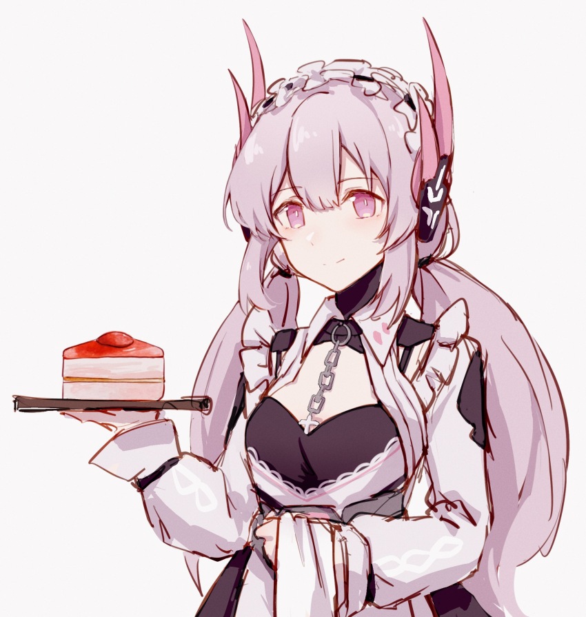 1girl, apron, beizhi, black_dress, blush, breasts, cake, cake_slice