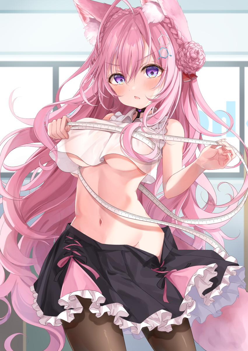 1girl, absurdres, animal_ear_fluff, animal_ears, antenna_hair, black_pantyhose, black_skirt, blush