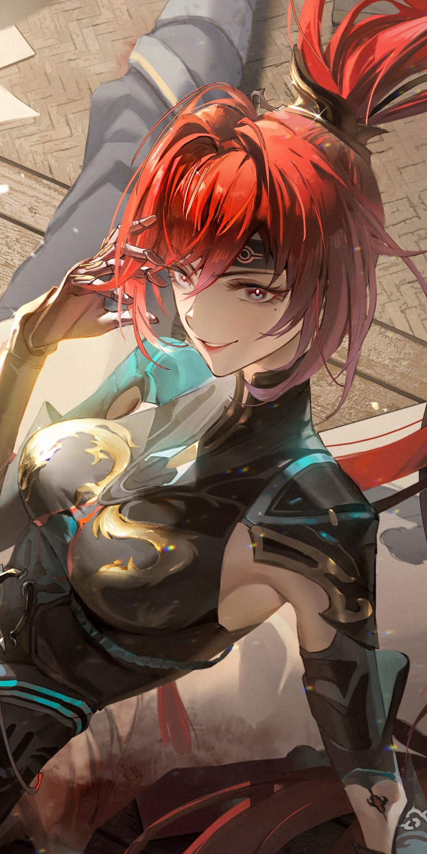 1girl, 1other, absurdres, arm_tattoo, armor, armpit_cutout, black_bodysuit, black_headband