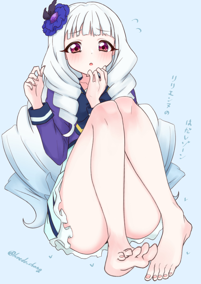 1girl, :o, aikatsu!_(series), aikatsu_stars!, bare_legs, barefoot, blue_background, blue_bow