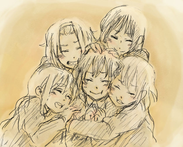 5girls, akiyama_mio, closed_eyes, dadarou, datarou, hirasawa_yui, ho-kago_tea_time, hug, k-on!, kotobuki_tsumugi, long_hair, monochrome, multiple_girls, nakano_azusa, school_uniform, short_hair, tainaka_ritsu, tears