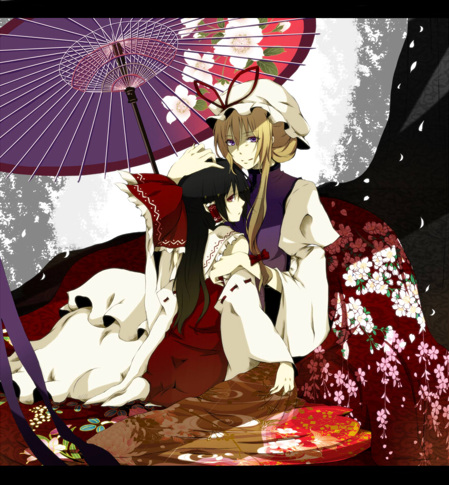 2girls, black_hair, blonde_hair, bow, detached_sleeves, female_focus, hair_bow, hakurei_reimu