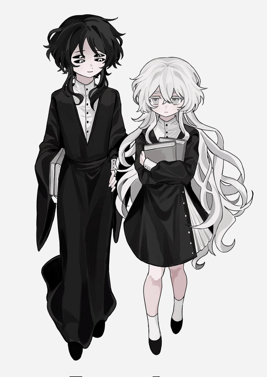 1boy, 1girl, black_dress, black_footwear, black_hair, black_sclera, book, charlotte_wiltshire, cloak, colored_sclera, dress, formal_clothes, frei_(hello_charlotte), full_body, grey_eyes, hello_charlotte, highres, holding, holding_book, long_hair, long_sleeves, looking_at_another, sesam344, shirt, short_hair_with_long_locks, socks, wavy_hair, white_cloak, white_eyes, white_hair, white_shirt, white_socks