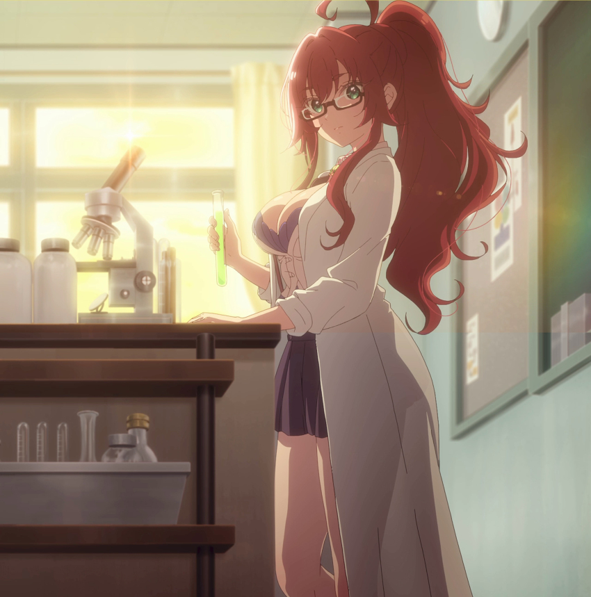 1girl, absurdres, ahoge, anime_screenshot, aqua_eyes, black-framed_eyewear, black_skirt, blue_bra