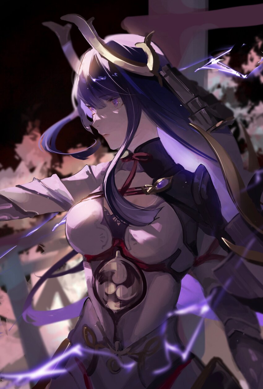 1girl, absurdres, armor, black_background, blunt_bangs, blurry, breasts, closed_mouth, depth_of_field, electricity, fake_horns, from_side, genshin_impact, highres, horns, large_breasts, long_hair, mitsudomoe_(shape), mole, mole_under_eye, purple_eyes, purple_hair, raiden_shogun, raiden_shogun_(magatsu_mitake_narukami_no_mikoto), solo, tomoe_(symbol), zuu_(kyuudo9)