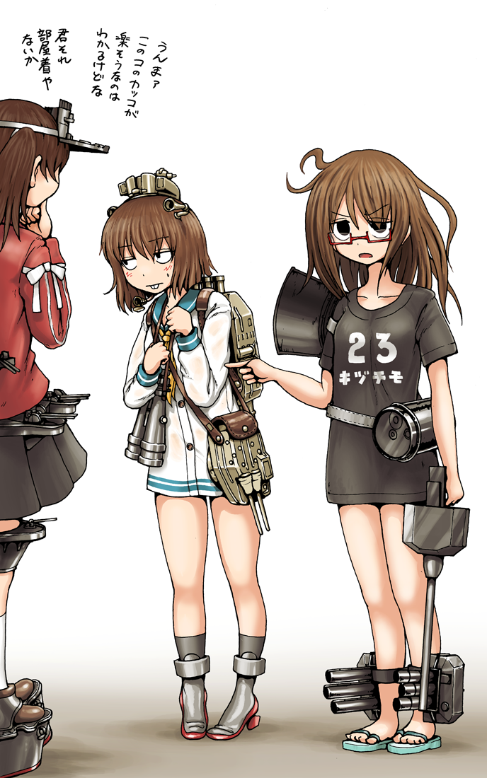 3girls, binoculars, black_eyes, breasts, brown_hair, buck_teeth, commentary_request, dress