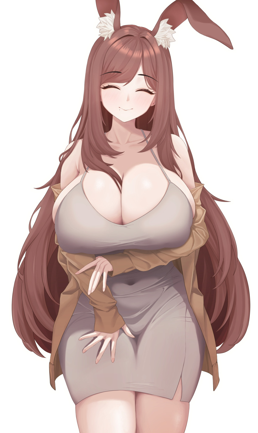1girl, absurdres, animal_ear_fluff, animal_ears, blush, breasts, brown_hair, cleavage