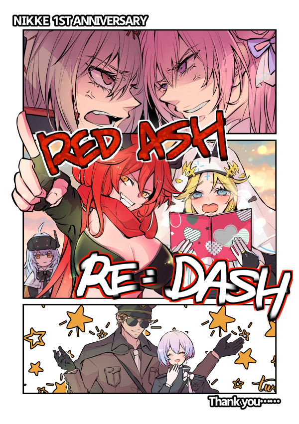 +_+, 1boy, 6+girls, :d, ahoge, anger_vein, anniversary, black_bow