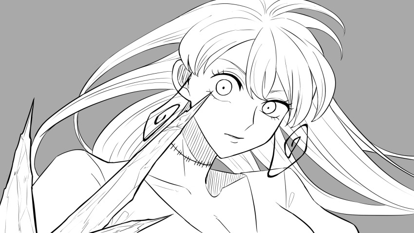 1girl, breasts, cleavage, fabricant_number_100, greyscale, highres, jinzou_ningen_100, large_breasts