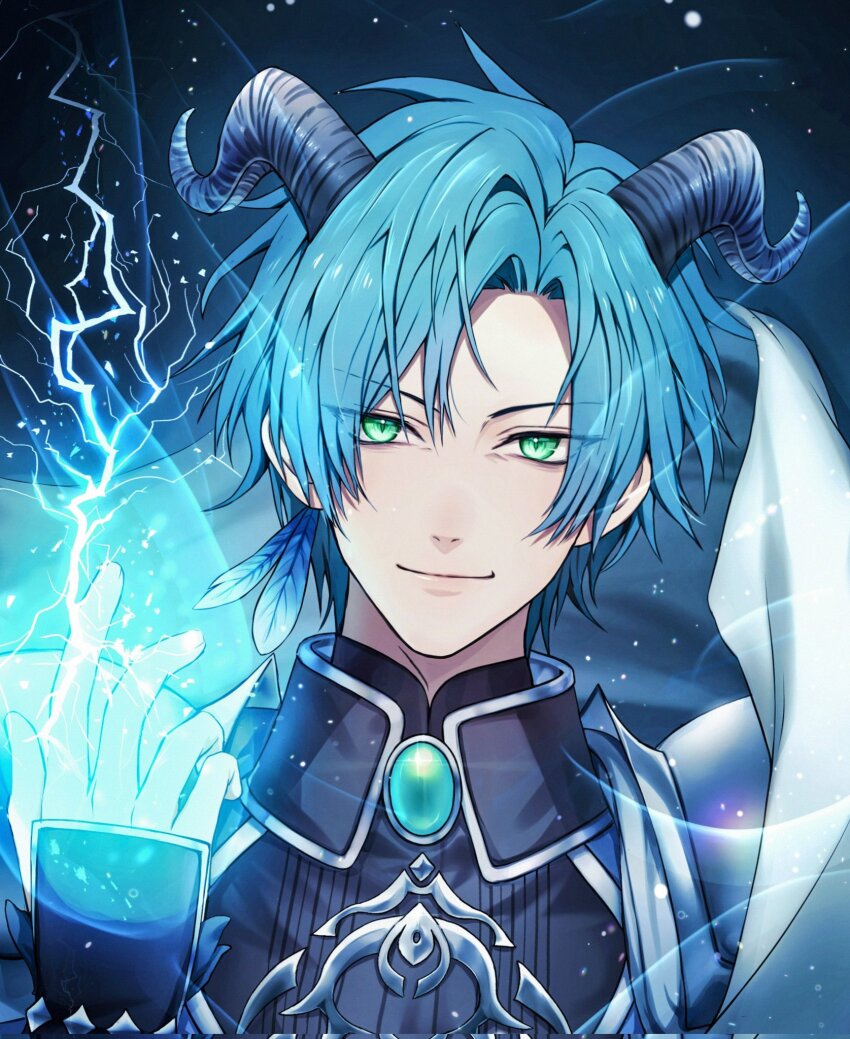 1boy, armor, blue_hair, closed_mouth, commentary, cryokinesis, dark_background, demon