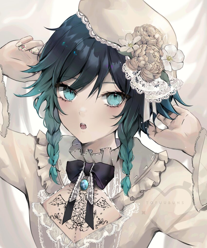 1boy, absurdres, alternate_costume, black_bow, black_bowtie, black_hair, blue_eyes, blue_gem