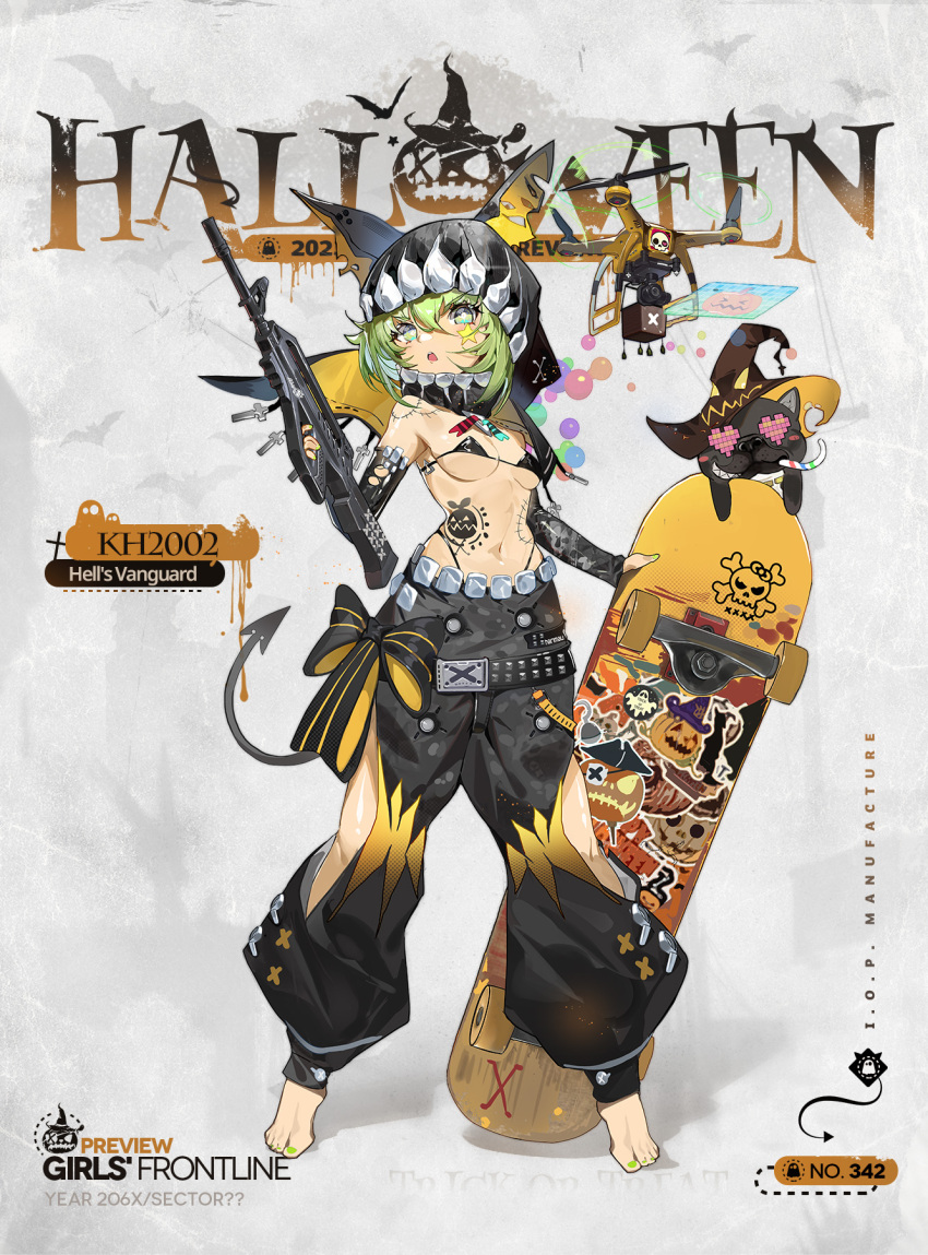 1girl, 2023, animal_ear_hood, animal_ears, assault_rifle, aym_(weibo2861967950), bare_shoulders, barefoot