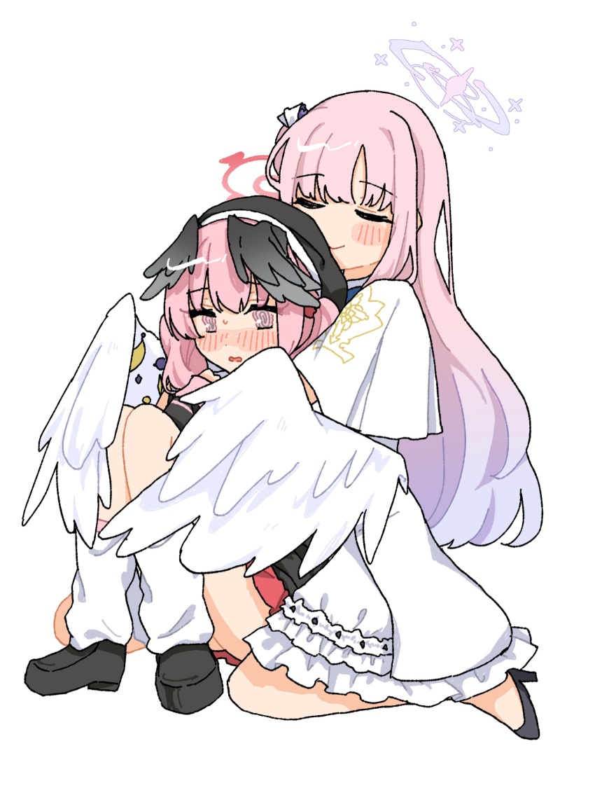 2girls, beret, black_footwear, black_shirt, blue_archive, blush, blush_stickers, closed_eyes