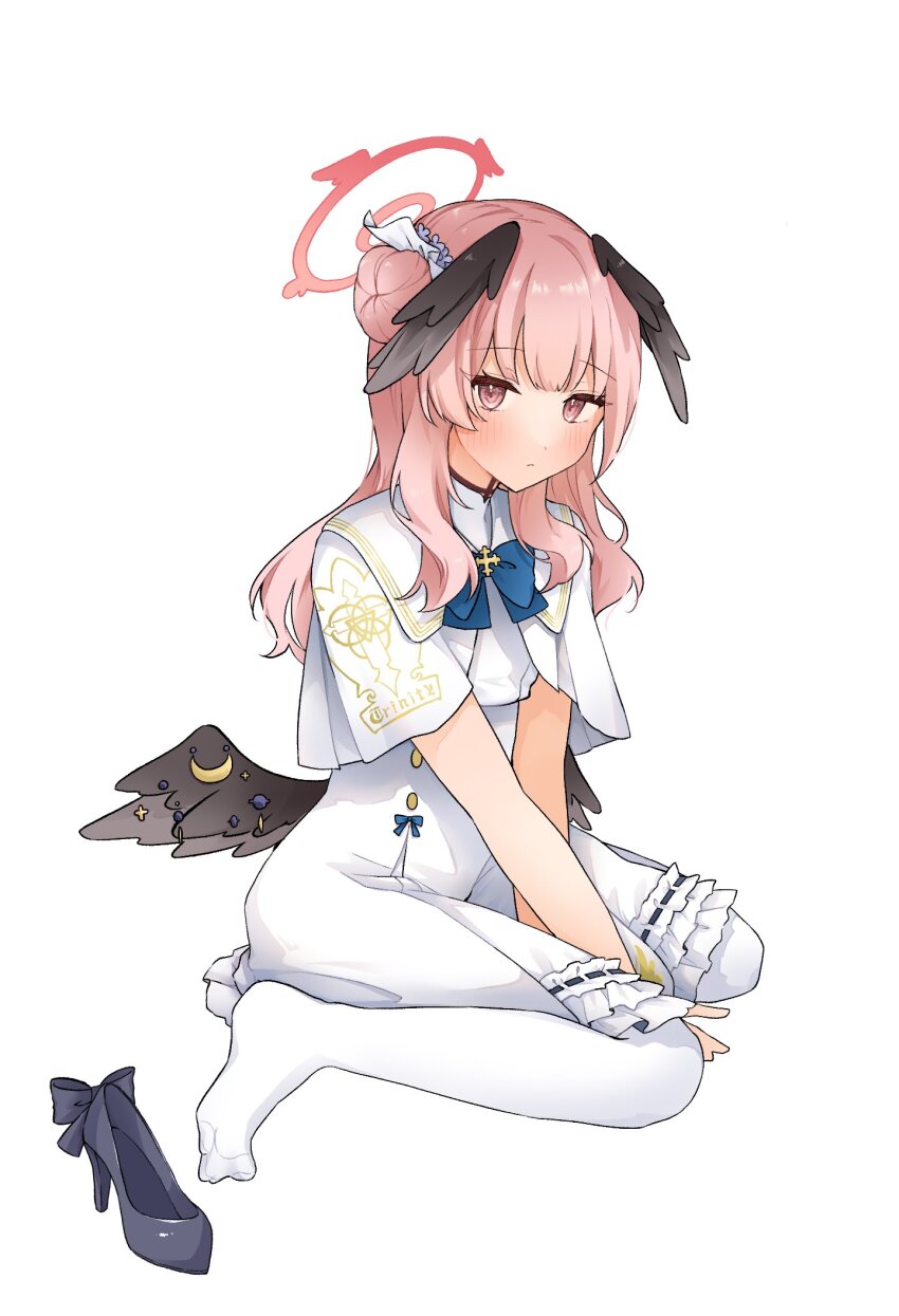 1girl, arms_between_legs, blue_archive, bow, bowtie, capelet, closed_mouth, cosplay, dress, flat_chest, full_body, hair_bun, halo, head_wings, high_heels, highres, koharu_(blue_archive), long_hair, looking_at_viewer, low_wings, mika_(blue_archive), mika_(blue_archive)_(cosplay), nashiro_(v0_llp), pantyhose, pink_eyes, pink_hair, shoes, simple_background, single_hair_bun, sitting, solo, unworn_shoes, v_arms, wariza, white_background, white_dress, white_pantyhose, wings