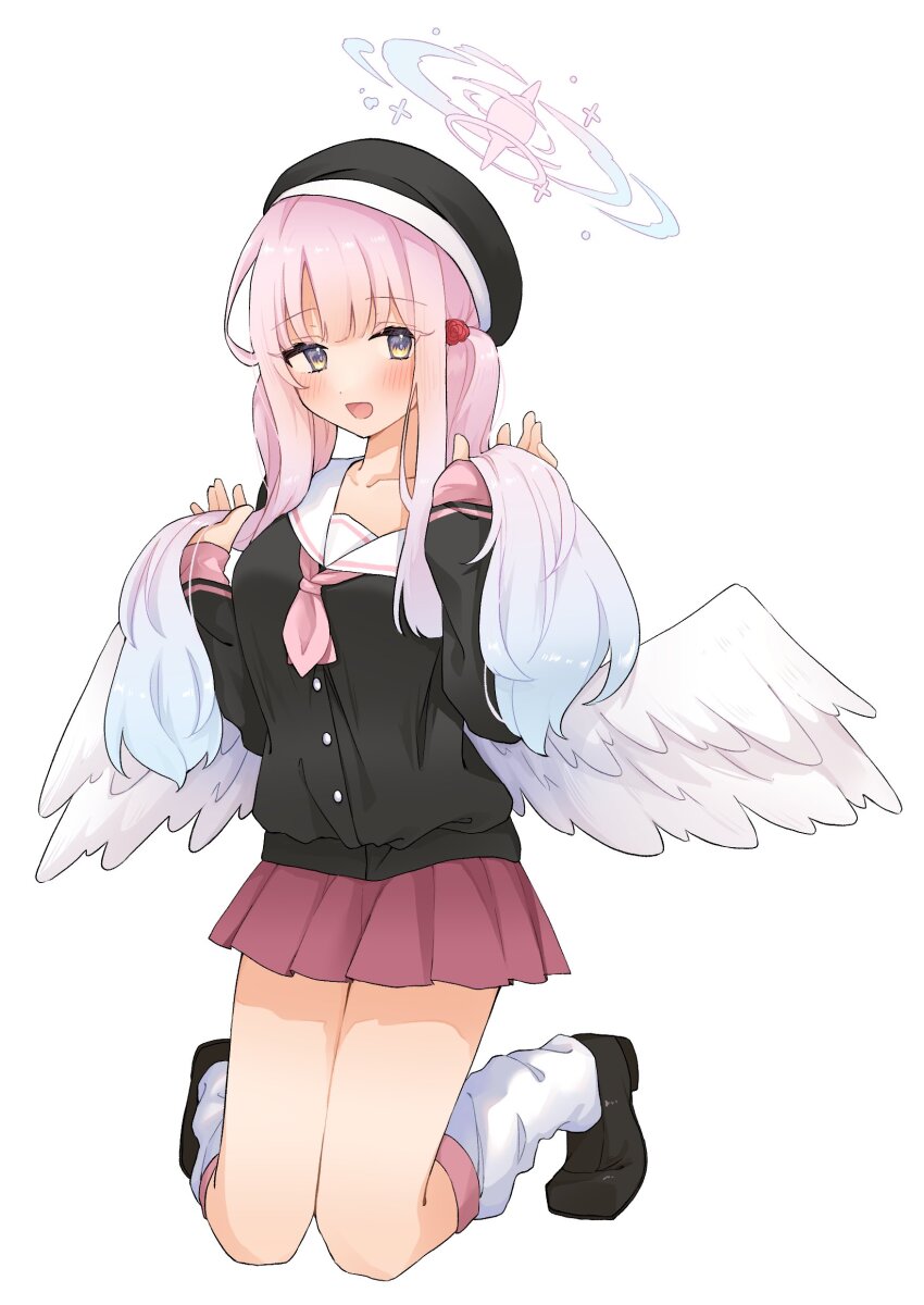 1girl, absurdres, beret, black_hat, black_shirt, black_shoes, blue_archive, blue_eyes